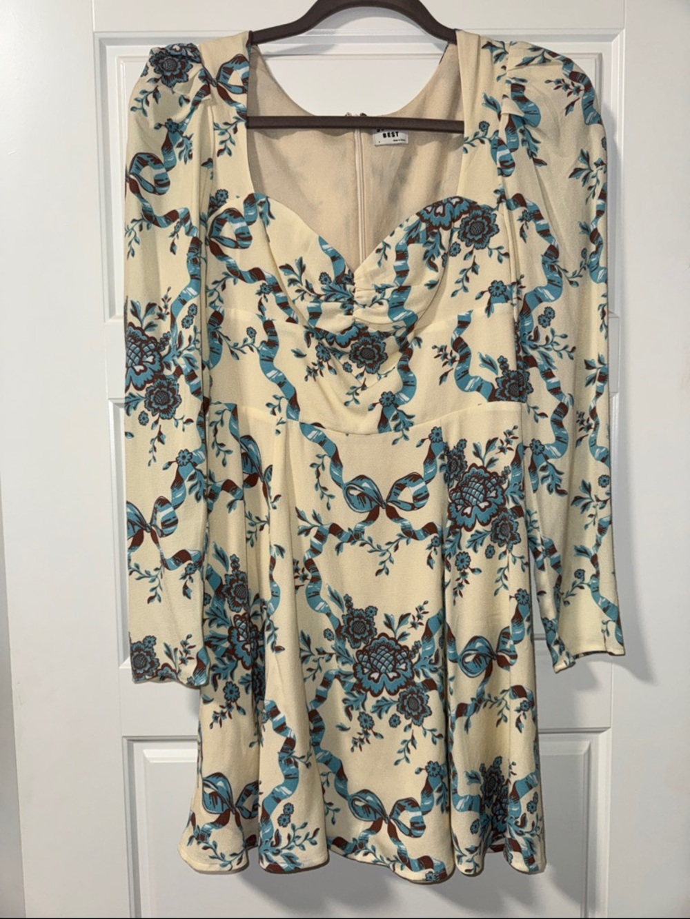 Sunday Best Cream Long Sleeve Dress with Blue and Brown Ribbon Floral Print